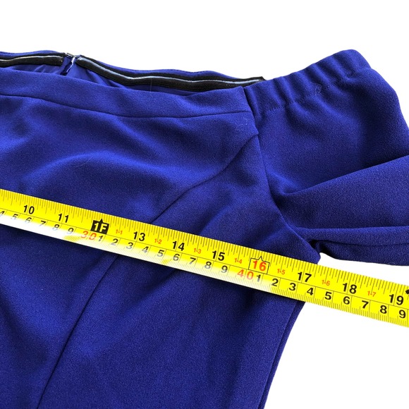 ABS Allen‎ Schwartz Off-Shoulder Capri Blue Cocktail Dress Bell Sleeves 12 - Picture 10 of 16